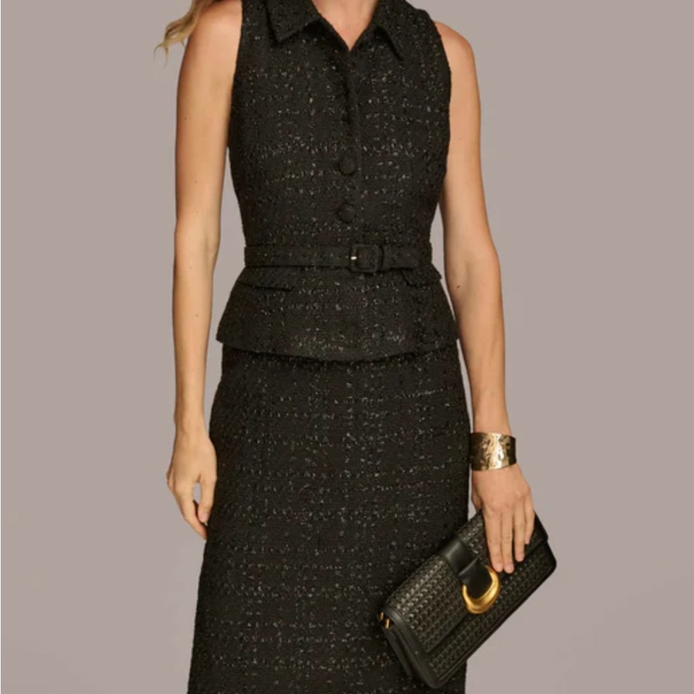 DONNA KARAN NEW YORK TWEED SLEEVELESS MIDI PEPLUM DRESS